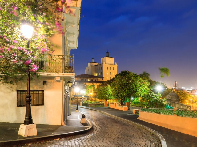 Cobblestone street in Old San Juan, Puerto Rico, at night