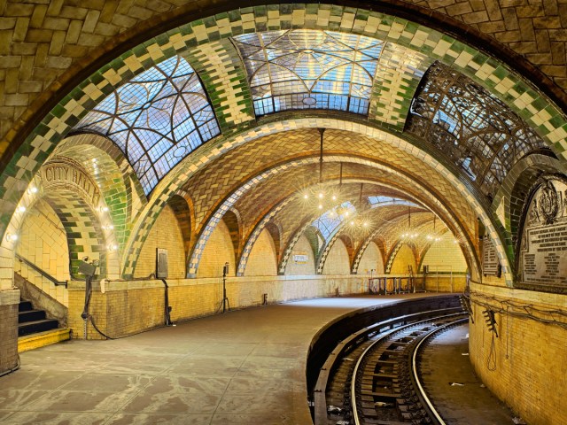 Colorful tiles and skylights in abandoned City Hall Station in New York City
