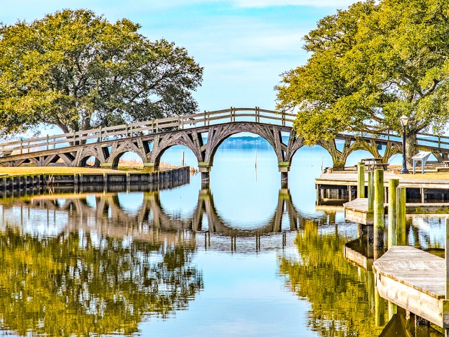 Pedestrian bridge reflecting on water in North Carolina