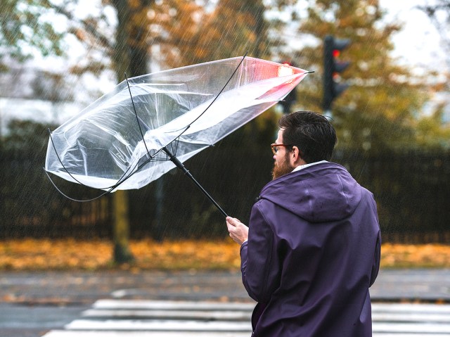 Man on street holding upturned clear on umbrella on rainy day, seen from behind