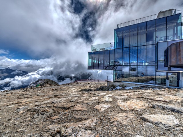 Glass-covered exterior of iceQ - Sölden on mountaintop in Austrian Alps