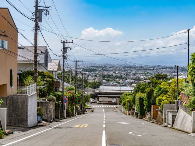Hilly residential street overlooking Kanagawa, Japan