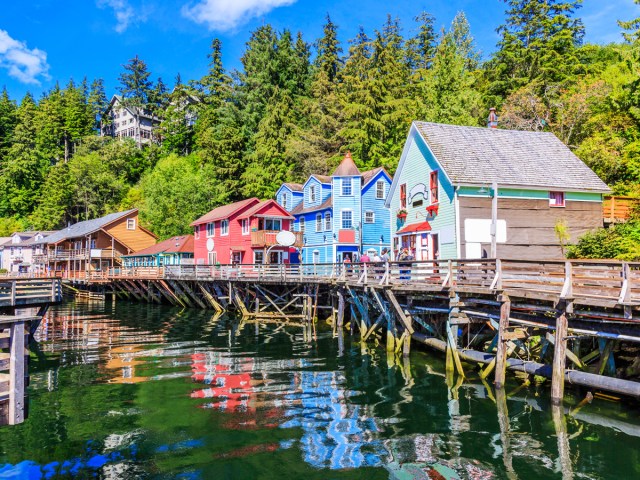 Colorful buildings of Ketchikan, Alaska's waterfront boardwalk