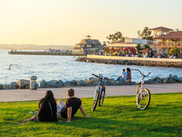 People relaxing on grass next to California beach