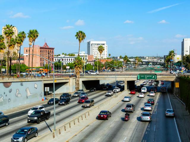 View from above of cars driving on Interstate 5 in Los Angeles, California