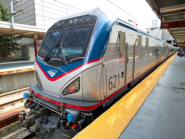 View of Amtrak train car at station