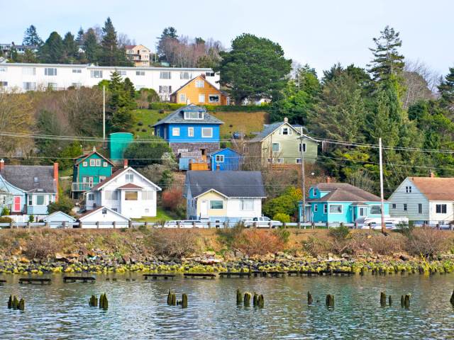 Colorful homes along the waterfront in Astoria, Oregon