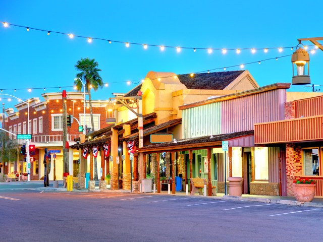 Restaurants and shops in downtown Scottsdale, Arizona, seen during the evening hours