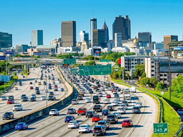Traffic on Interstate 75 with downtown Atlanta, Georgia, in the distance