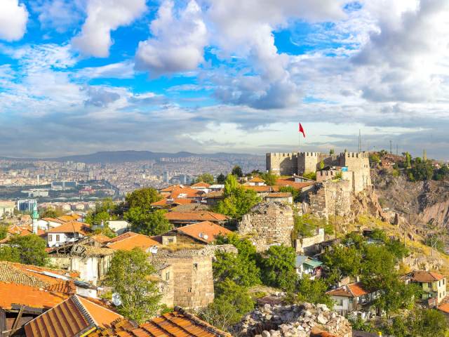 Aerial view of stone fortress overlooking Ankara, Turkey