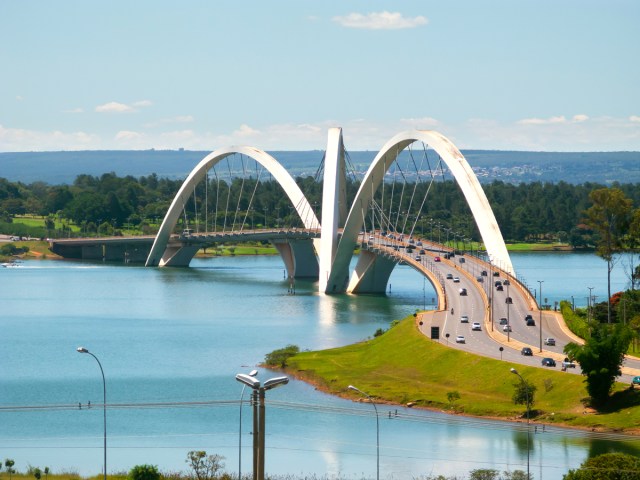 Aerial view of road bridge with three-arch design in Brasilia, Brazil
