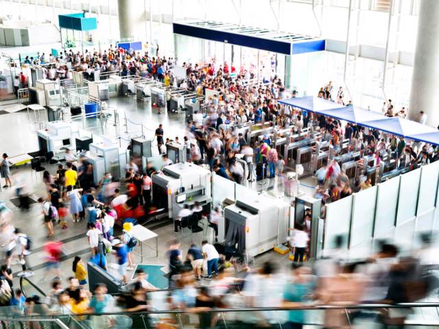 Aerial view of security lines at airport