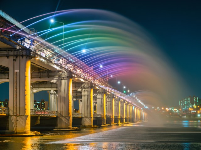 Banpo Bridge Moonlight Rainbow Fountain in Seoul, South Korea, seen at night