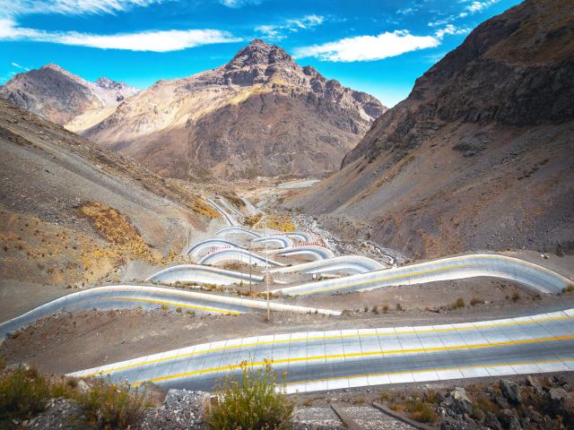 Road with winding, hairpin turns on the border of Argentina and Chile in the Andes Mountains