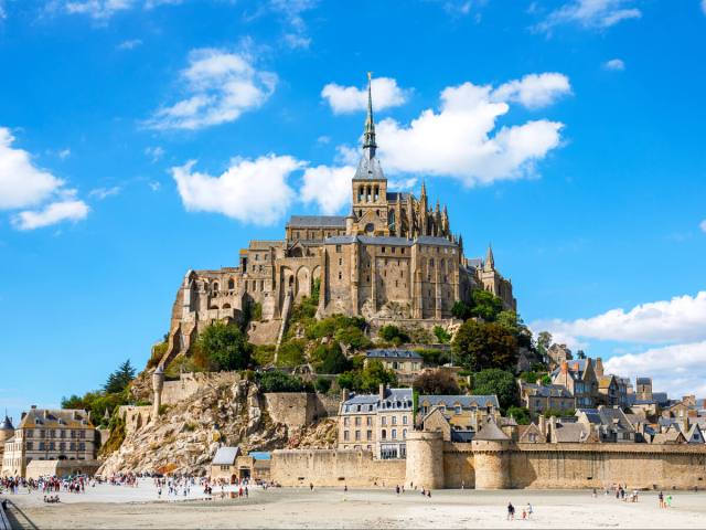 Commune dominating the tidal island of Mont Saint-Michel, France