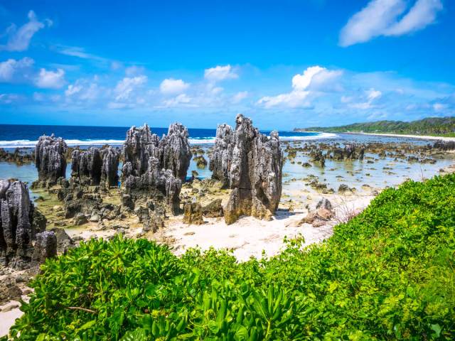 Rock formations on tropical beach in Nauru
