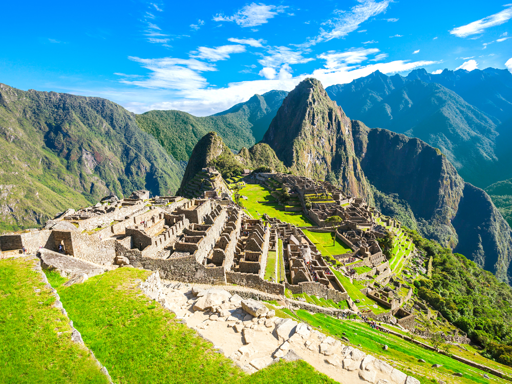 Aerial view of Machu Picchu citadel ruins in Andes mountains of Peru