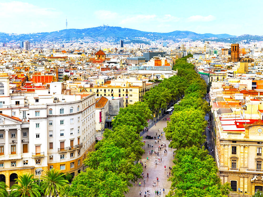 Aerial view of tree-lined pedestrian city surrounded by Barcelona skyline