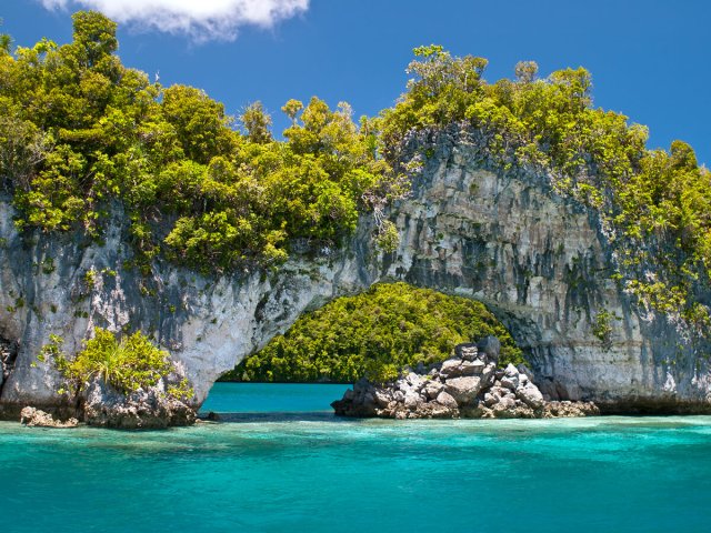 Limestone rock formations and turquoise sea in Palau