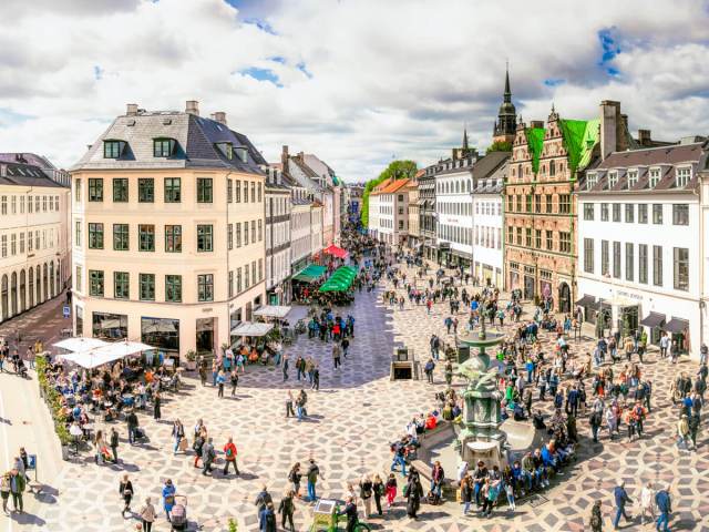 Aerial view of busy pedestrian square in Copenhagen, Denmark