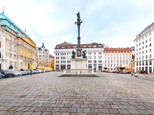 Public square in Vienna, Austria, with monument in center