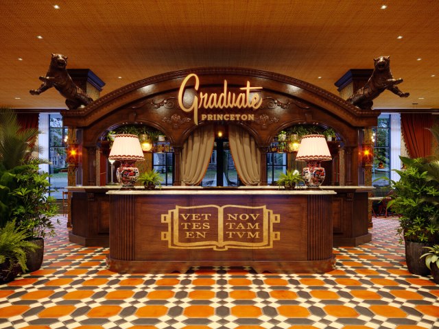 Check-in desk in the lobby of the Graduate Princeton hotel in Princeton, New Jersey