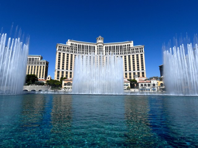 The Fountains of Bellagio with Las Vegas hotel tower in background