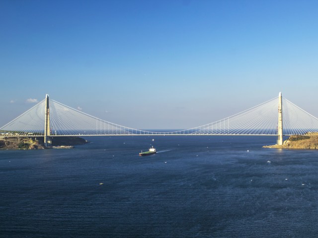 Aerial view of ship crossing beneath the Yavuz Sultan Selim Bridge in Turkey