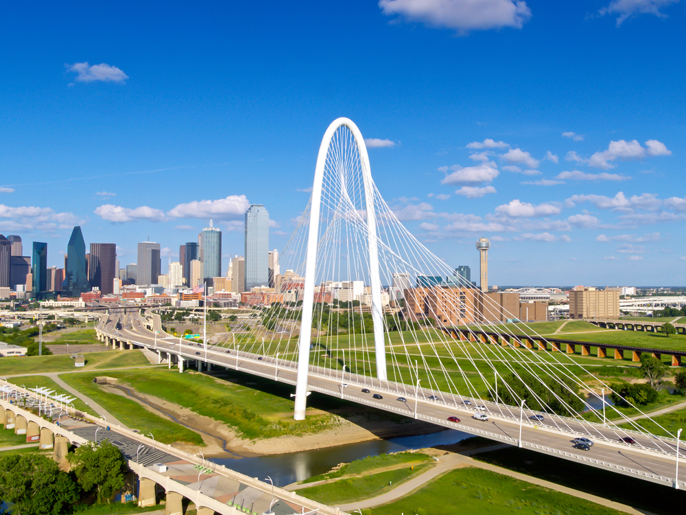 Margaret Hunt Hill Bridge and skyline of Dallas, Texas, seen from above