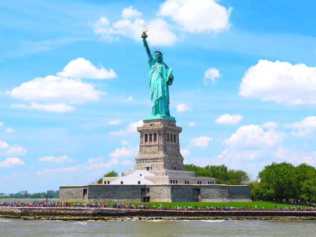 Image of the Statue of Liberty in New York, seen across the harbor