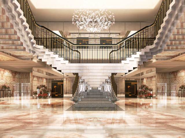 Grand staircase in the lobby of Four Seasons Hotel Rabat at Kasr Al Bahr in Rabat, Morocco