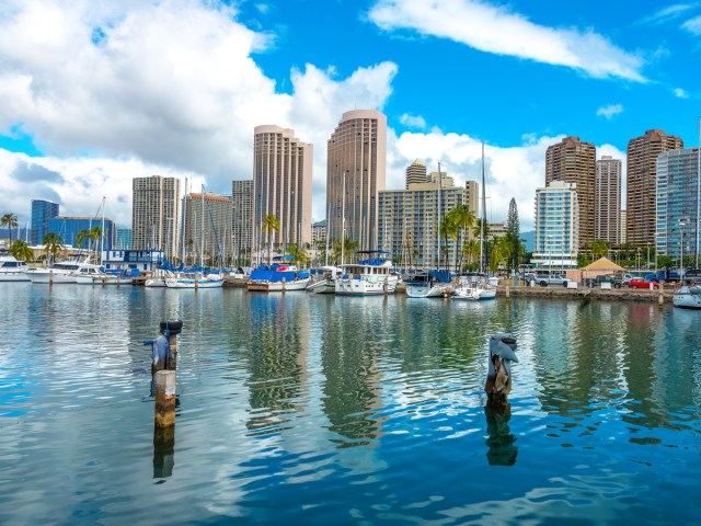 Marina and high-rise buildings in Pearl City, Hawaii