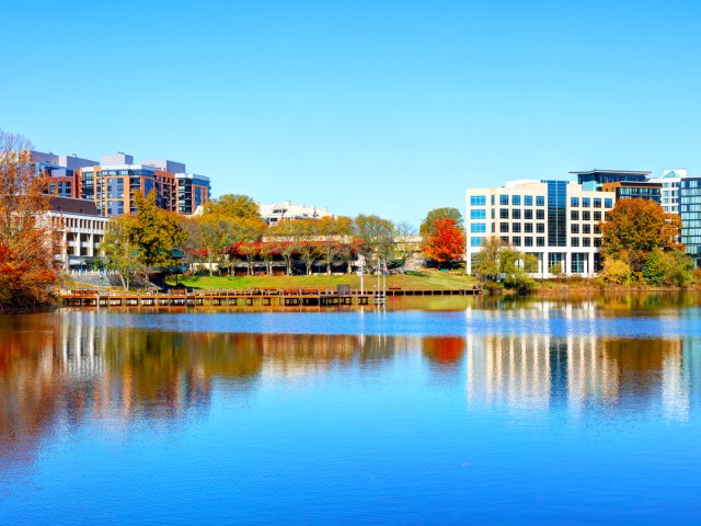 Buildings along lake in Columbia, Maryland