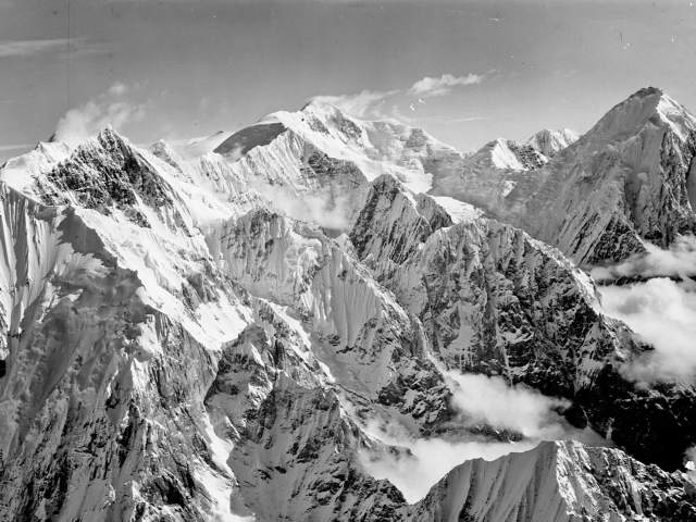 Black-and-white image of Mount Bona in Alaska