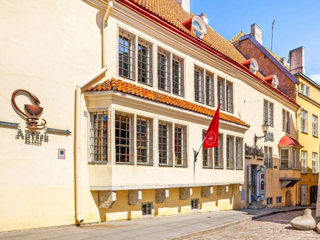 Exterior of historic Raeapteek pharmacy in Tallin, Estonia