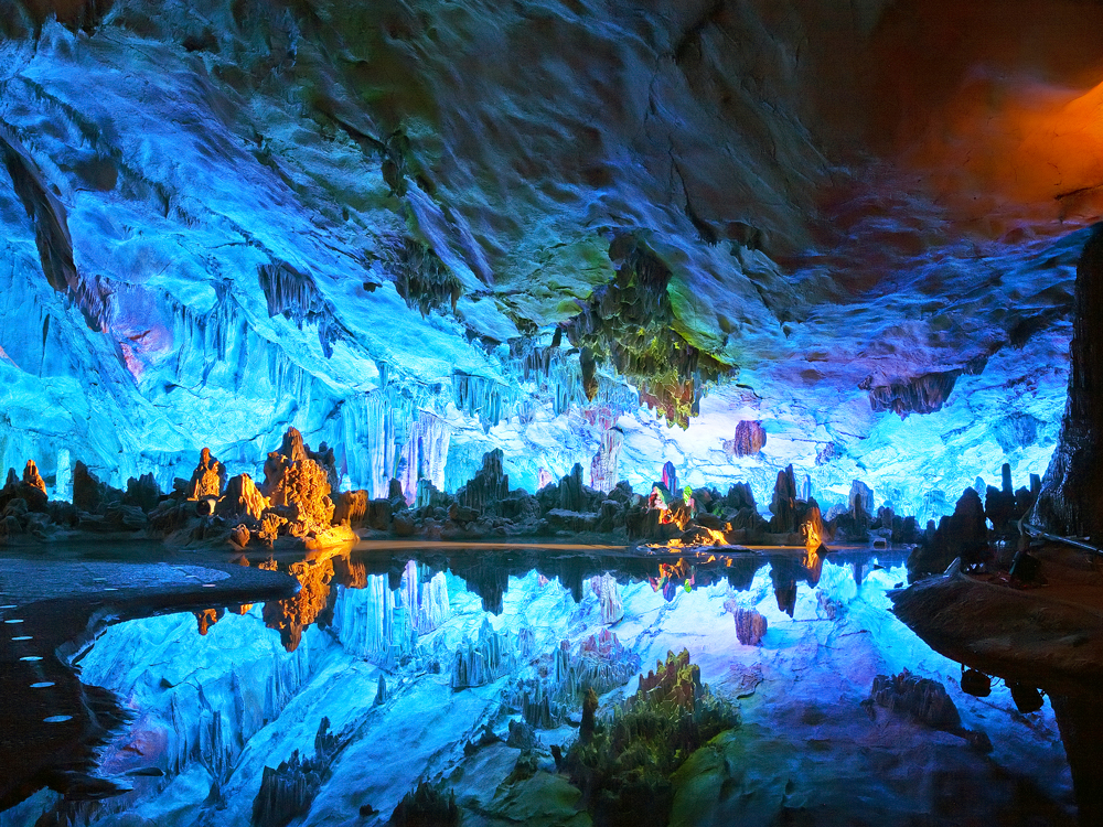 Rainbow-lit Reed Flute Cave in China
