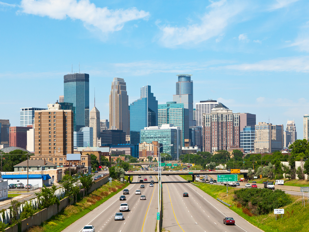 Highway leading to downtown Minneapolis, Minnesota, seen from above