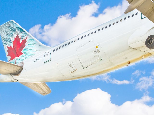 View of Air Canada aircraft landing from below