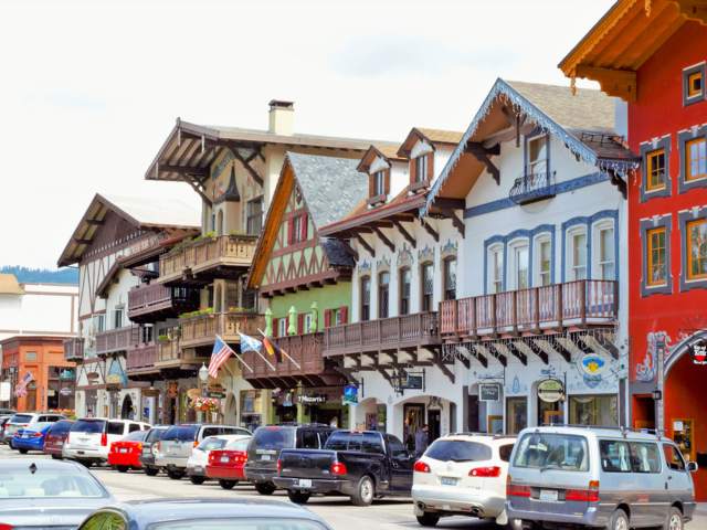 Charming Bavarian architecture on main street of Leavenworth, Washington