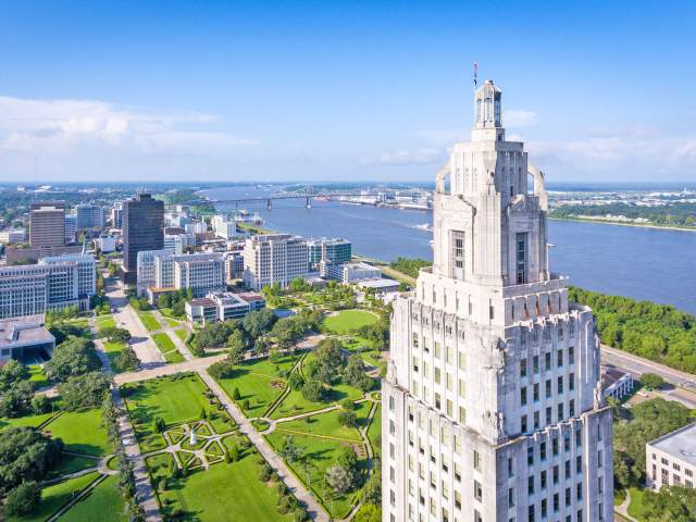 Aerial view of Louisiana State Capitol and Baton Rouge skyline