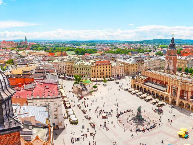 Aerial view of historic square of Krakow, Poland