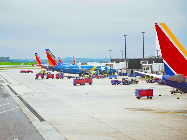 Southwest Airlines Boeing 737s parked at terminal