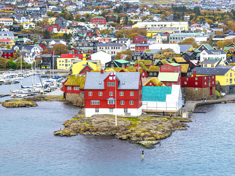 Aerial view of colorful buildings and marina in Torshavn, Faroe Islands