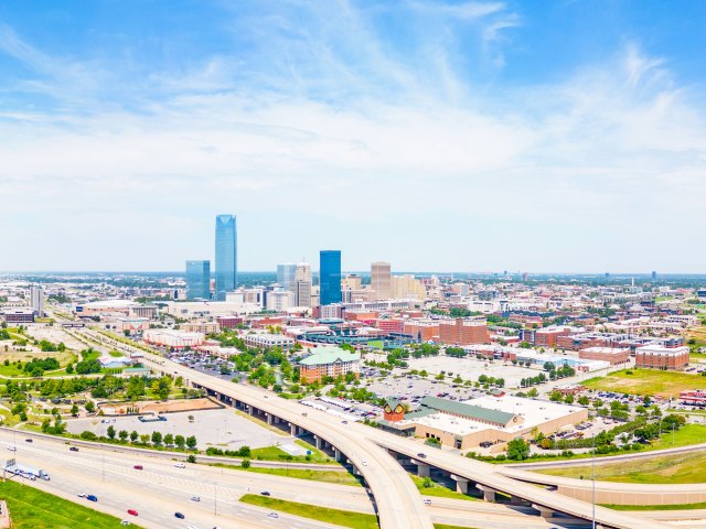 Aerial view of highways and downtown Oklahoma City, Oklahoma
