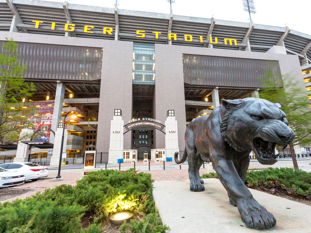 Statue of roaring tiger in front of Tiger Stadium in Baton Rouge, Louisiana