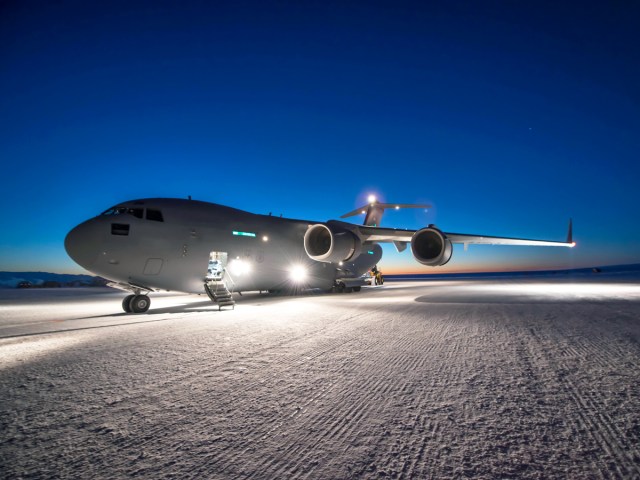 Aircraft on ice runway of McMurdo Station in Antarctica at night