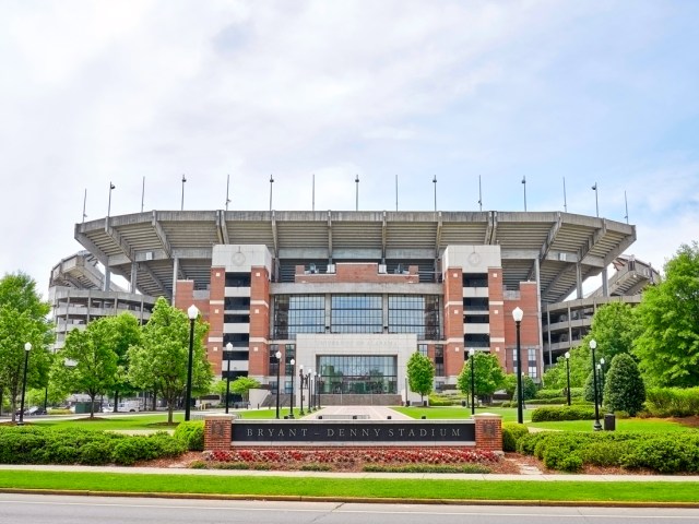 Sign in front of Bryant Denny Stadium in Tuscaloosa, Alabama