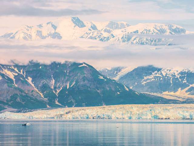Glacier, lake, and snow-covered Mount Hubbard in Alaska