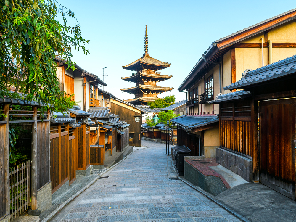Sannenzaka pedestrian street leading toward temple in Kyoto, Japan