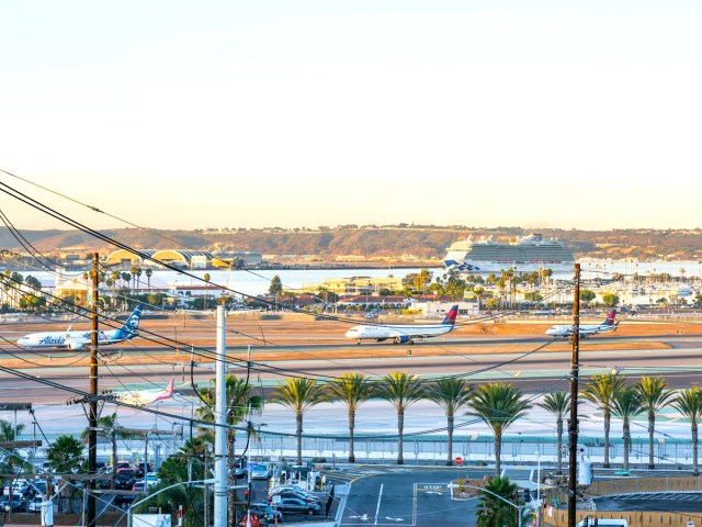 Aircraft queuing on runway at San Diego International Airport